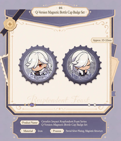 Cyno bottle cap magnetic badge set from Genshin featuring cute chibi collectible expressions and themed design