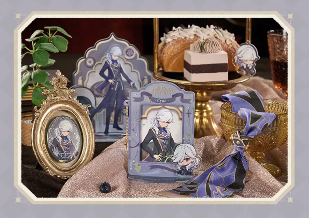 Cyno reflective badge framed display real photo from Genshin featuring elegant vintage decorative setup