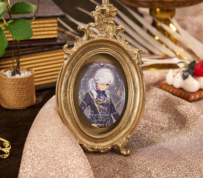 Cyno reflective badge display from Genshin Impact Resplendent Feast series featuring embossed silver finish and reflective artwork effect
