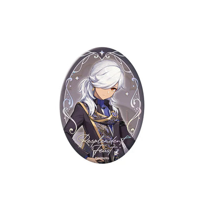 Cyno reflective badge from Genshin Impact Resplendent Feast series with embossed silver details and elegant gray purple artwork