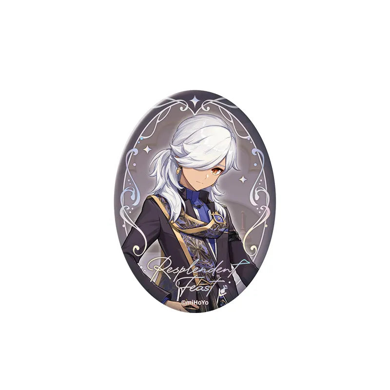 Cyno reflective badge from Genshin Impact Resplendent Feast series with embossed silver details and elegant gray purple artwork