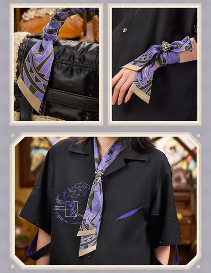 Cyno themed scarf detail from Genshin Impact featuring elegant geometric design and refined gold blue color palette