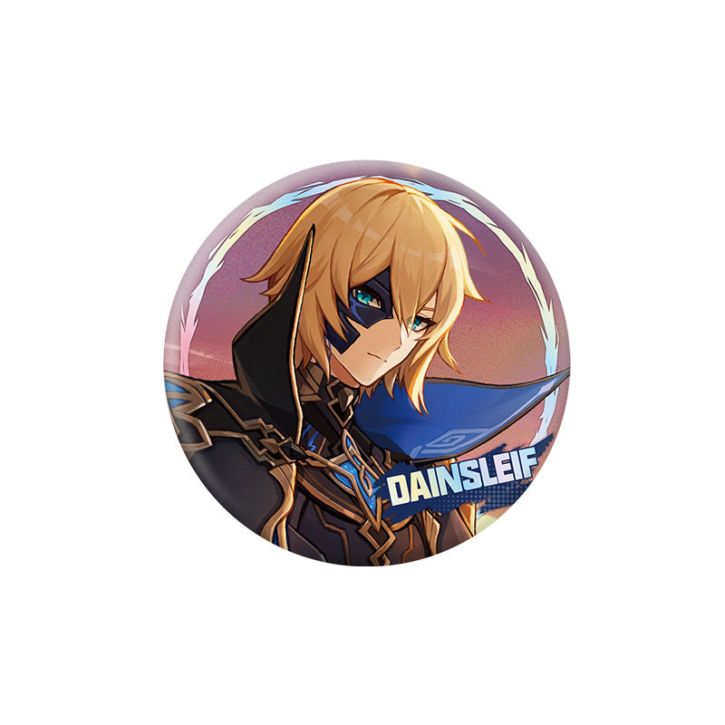 Genshin Impact Dainsleif character badge with holographic finish and themed artwork
