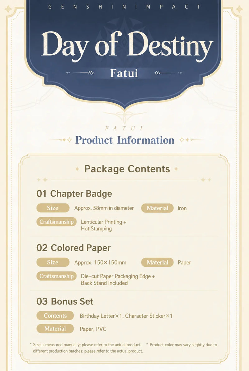 Genshin Day of Destiny Series Fatui Gift Box contents including badge display paper birthday letter and sticker set
