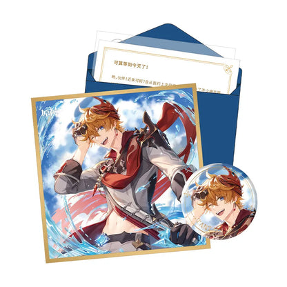 Genshin Day of Destiny Series Tartaglia Fatui Gift Box Set featuring badge display paper birthday letter and character sticker