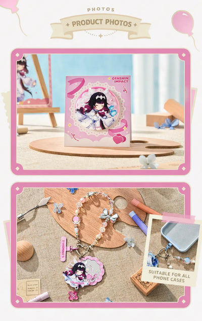 Columbina chibi badge set and folding fan lifestyle display