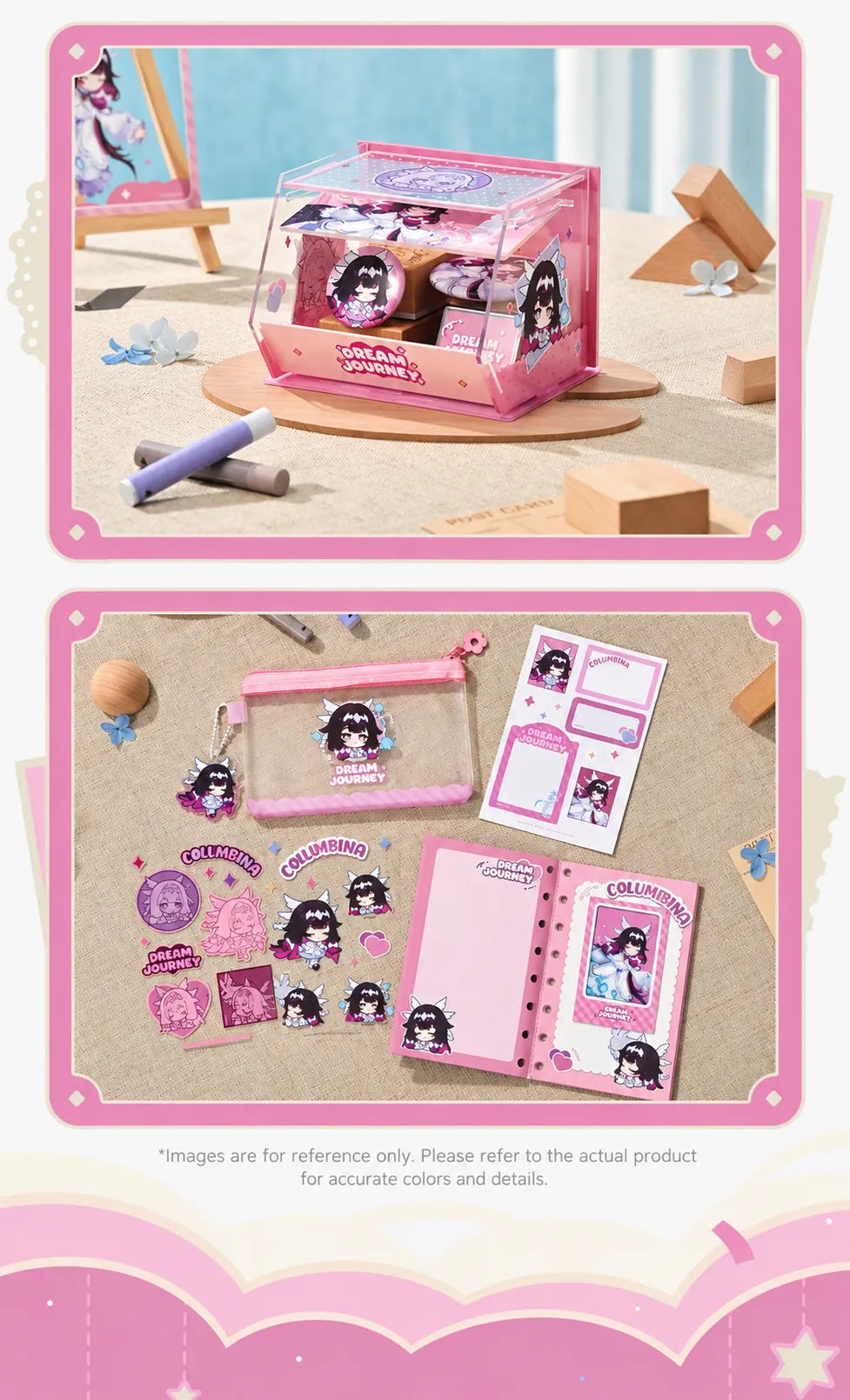 Columbina merchandise collection with pouch stickers and acrylic storage box