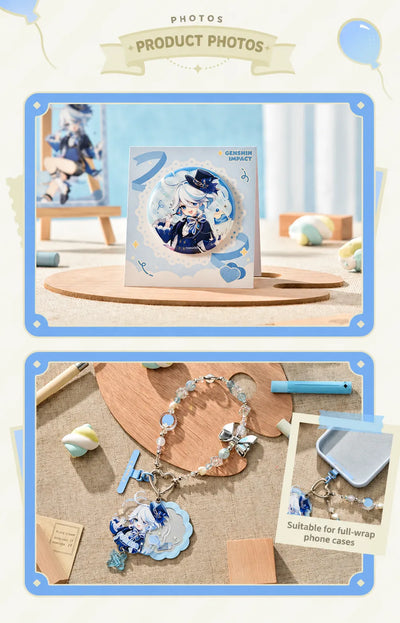 Furina Dream Journey chibi badge set and folding fan lifestyle display
