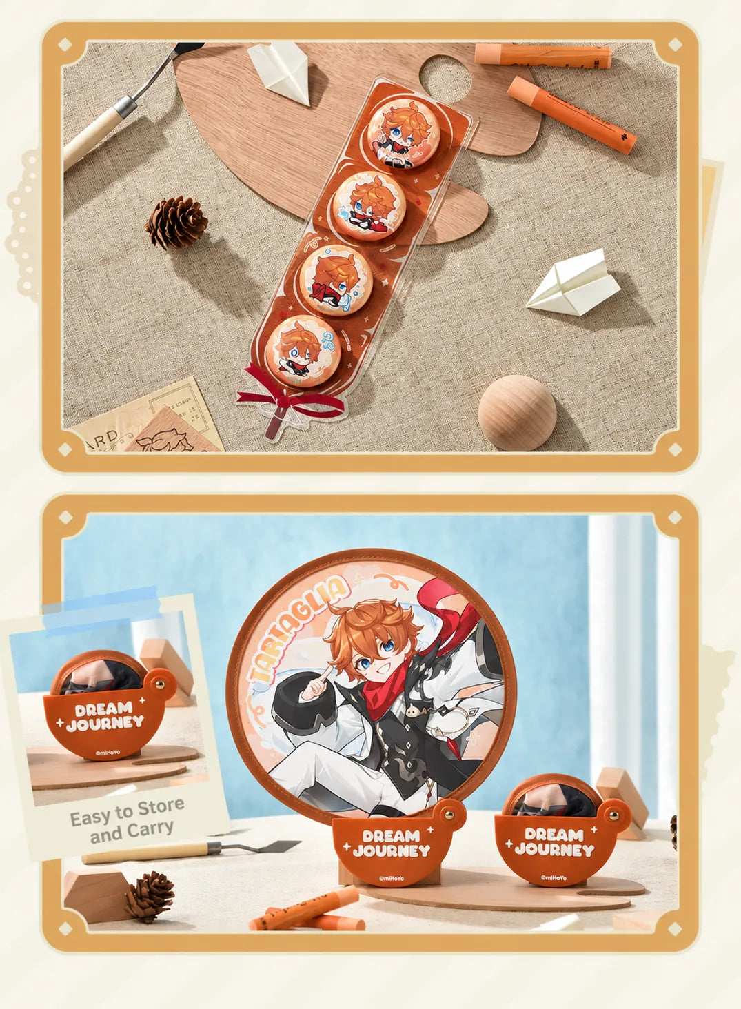 Tartaglia Chibi Candied Hawthorn Badge Set and folding fan lifestyle display
