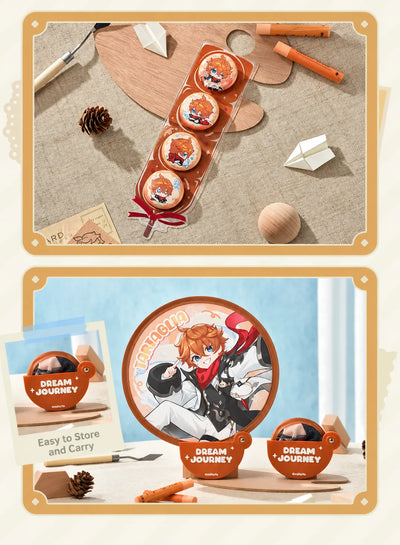 Tartaglia Chibi Candied Hawthorn Badge Set and folding fan lifestyle display
