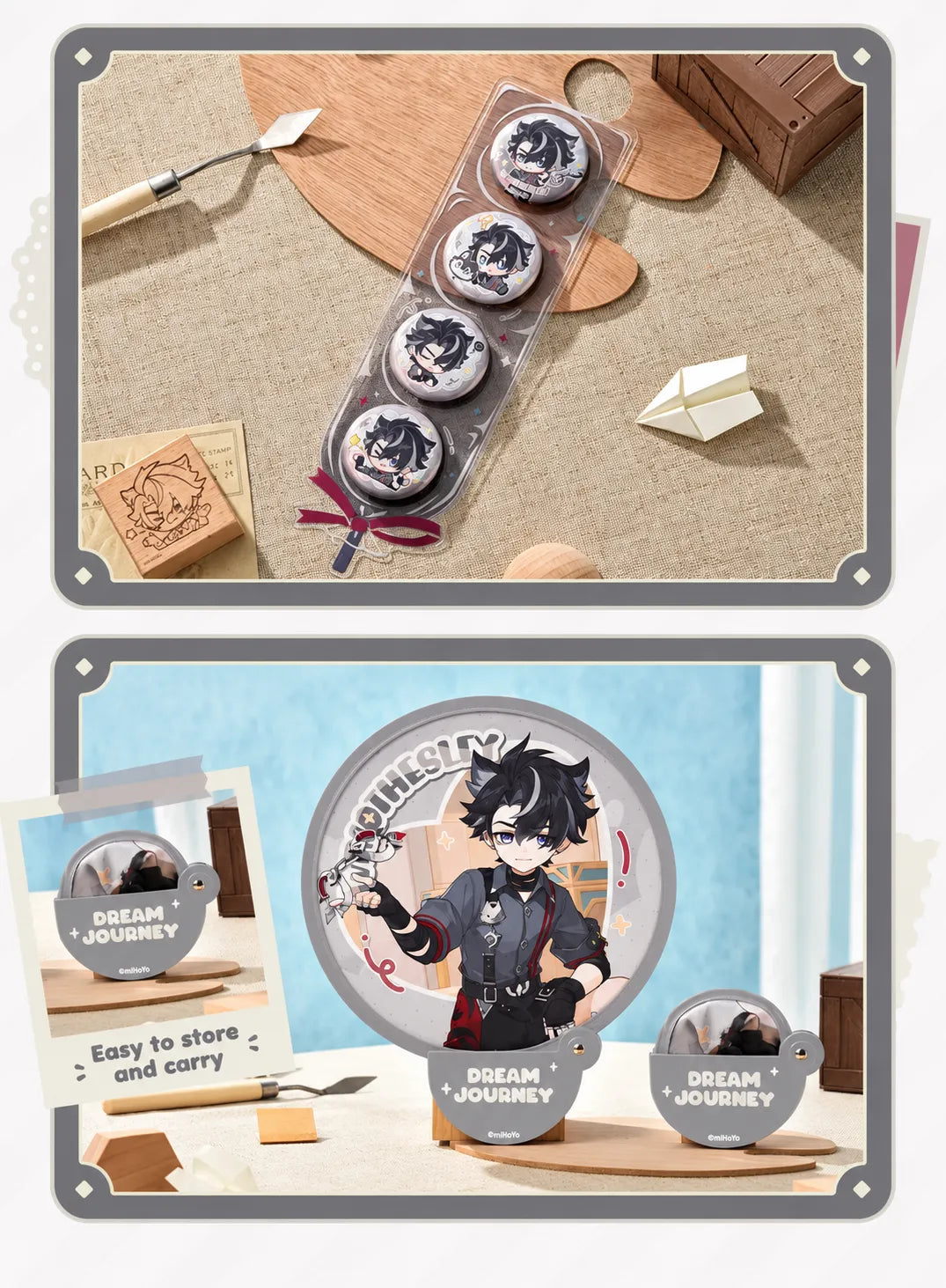 Wriothesley chibi badge set and folding fan lifestyle display
