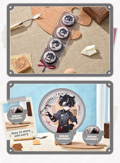 Wriothesley chibi badge set and folding fan lifestyle display