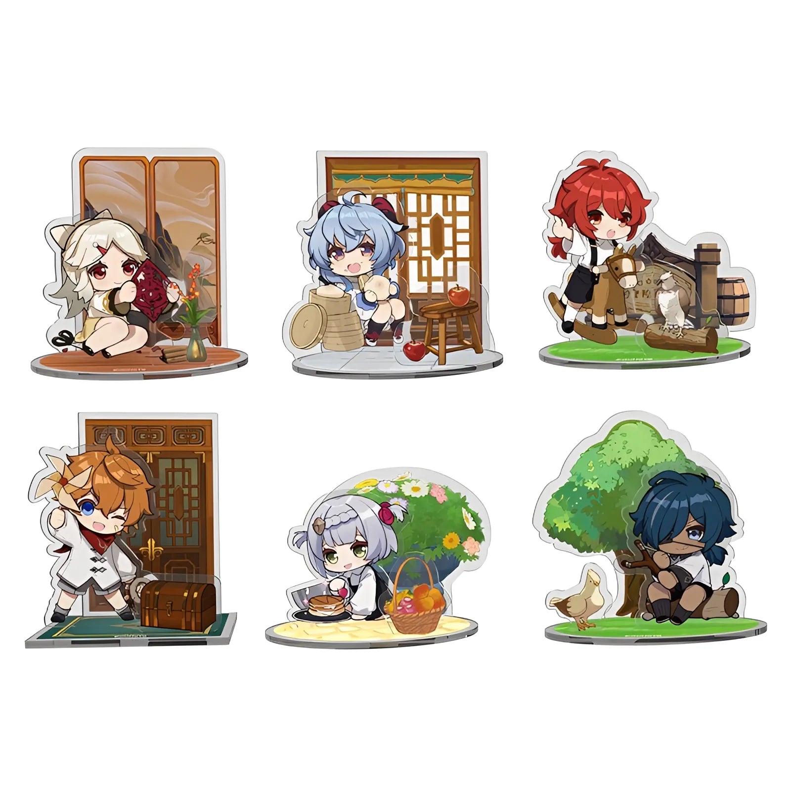 Genshin Impact Dreamland Scene chibi acrylic stand series collection featuring Ningguang Ganyu Diluc Kaeya Tartaglia and Noelle