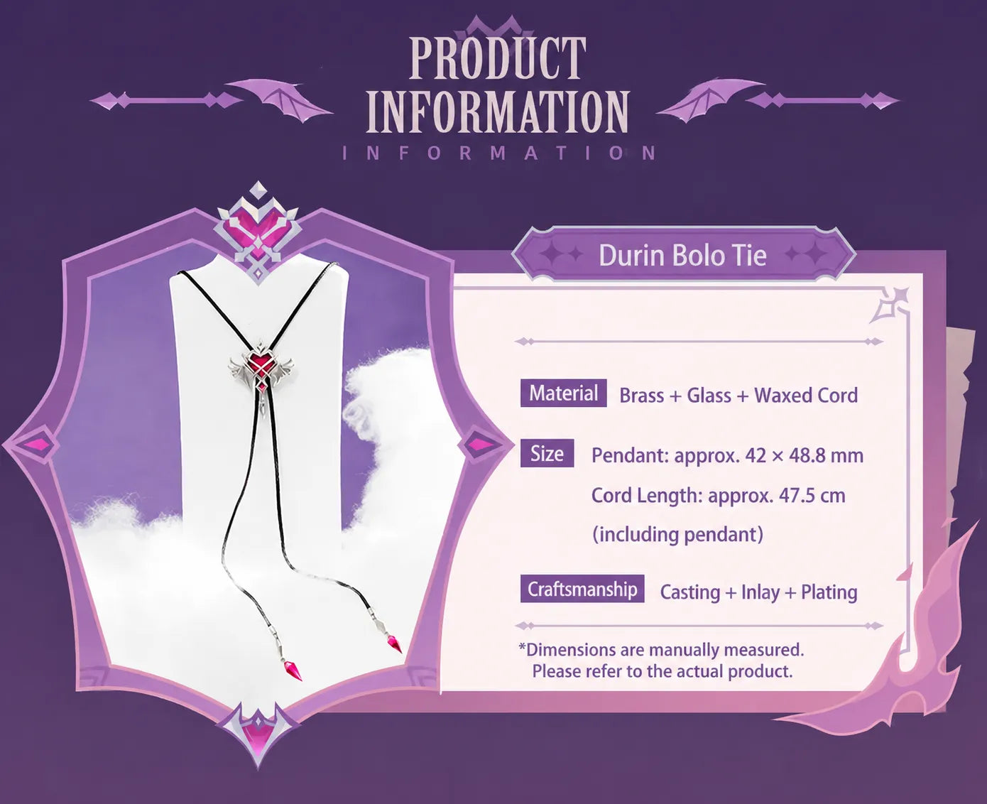 Durin bolo tie necklace product information with material and size details