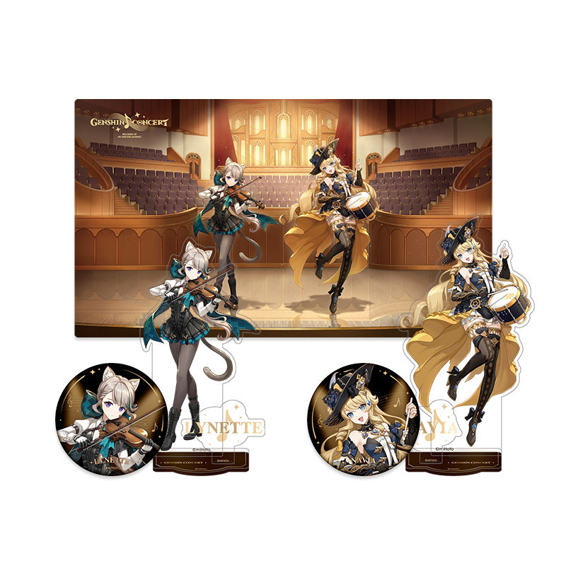 Genshin Endless Melody Series merchandise collection featuring badges standees and concert-themed mouse pad