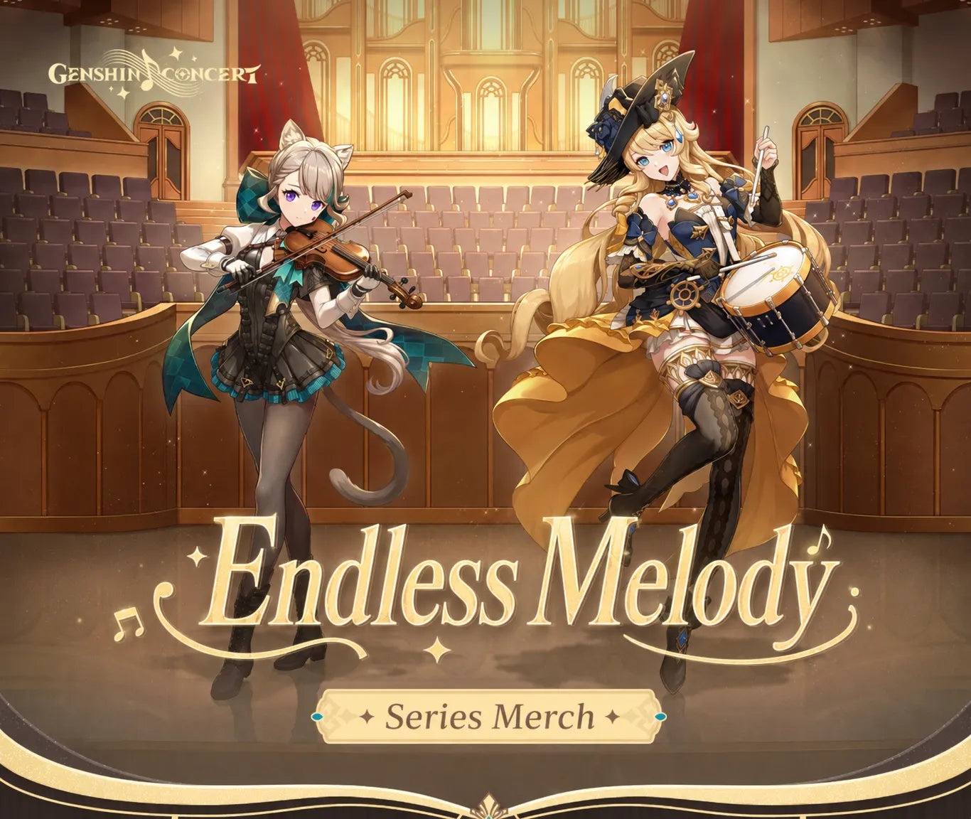 Genshin Endless Melody Series concert-themed merchandise showcase with elegant musical stage background