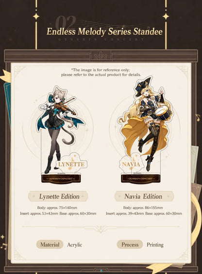 Genshin Endless Melody Series acrylic standees and badges featuring orchestral performance-themed character art