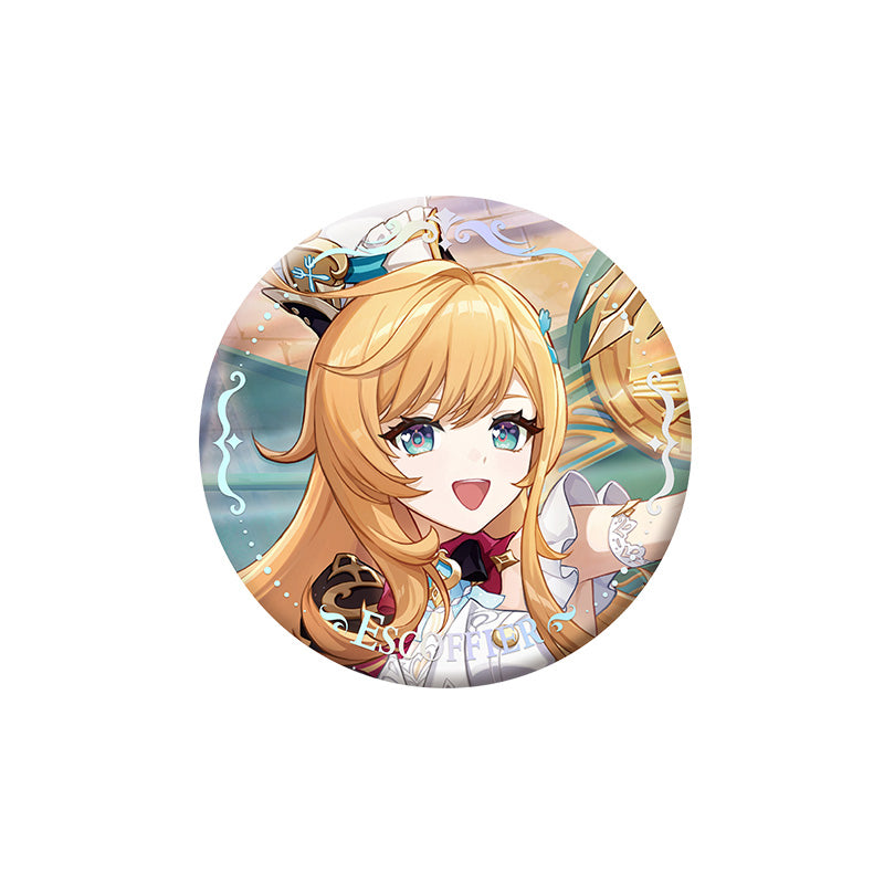 Genshin Impact Escoffier character badge with holographic finish and themed artwork