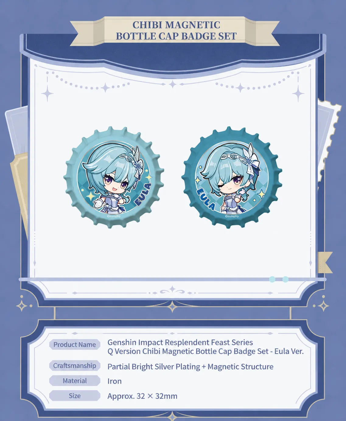 Genshin Impact Eula Resplendent Feast magnetic bottle cap badge set featuring chibi character expressions