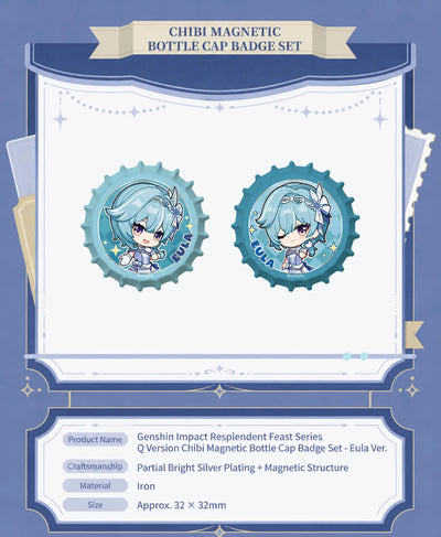 Genshin Impact Eula Resplendent Feast magnetic bottle cap badge set featuring chibi character expressions