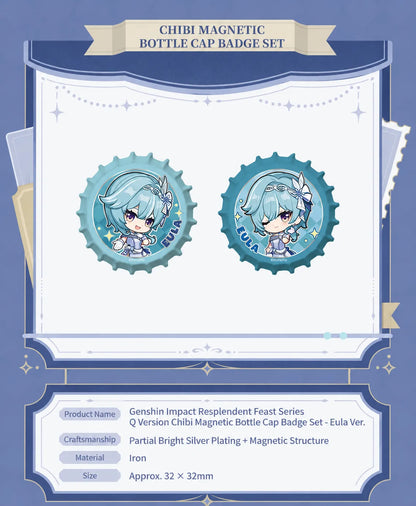 Genshin Impact Eula Resplendent Feast magnetic bottle cap badge set featuring chibi character expressions