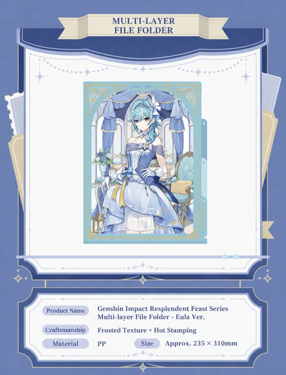 Genshin Eula Resplendent Feast multi-layer file folder with gold decorative border and character illustration