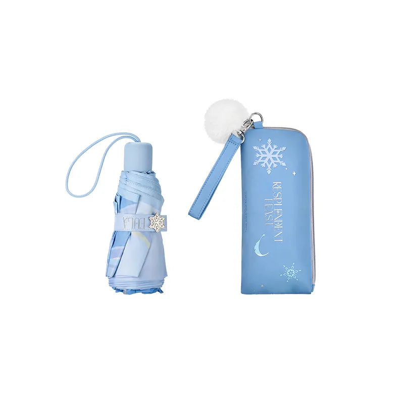 Genshin Eula Resplendent Feast folding umbrella and pouch set featuring snowflake patterns and elegant blue themed design