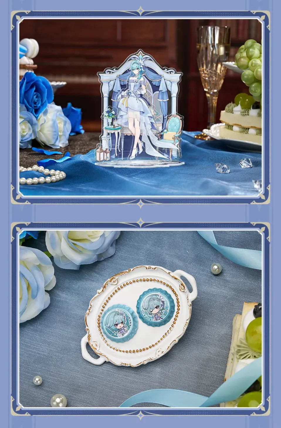 Genshin Impact Eula Resplendent Feast reflective badge real product display with elegant themed packaging