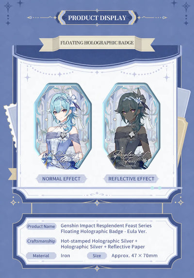 Genshin Impact Eula Resplendent Feast reflective badge close-up with embossed foil effect and icy blue artwork