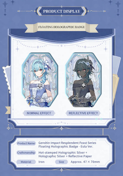 Genshin Impact Eula Resplendent Feast reflective badge close-up with embossed foil effect and icy blue artwork