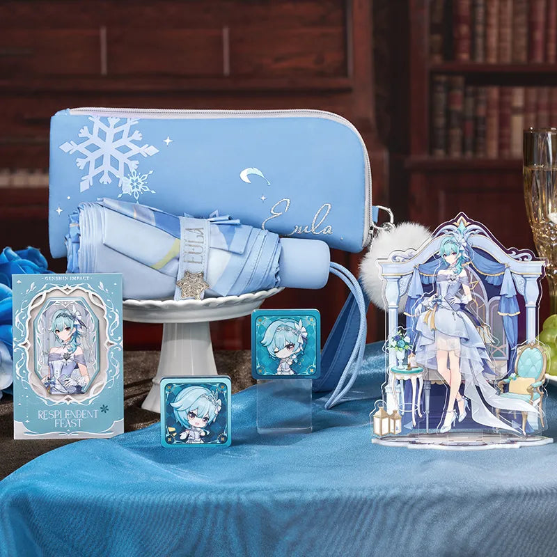 Genshin Eula Resplendent Feast series collectibles featuring acrylic stands badges umbrella accessories and themed merchandise