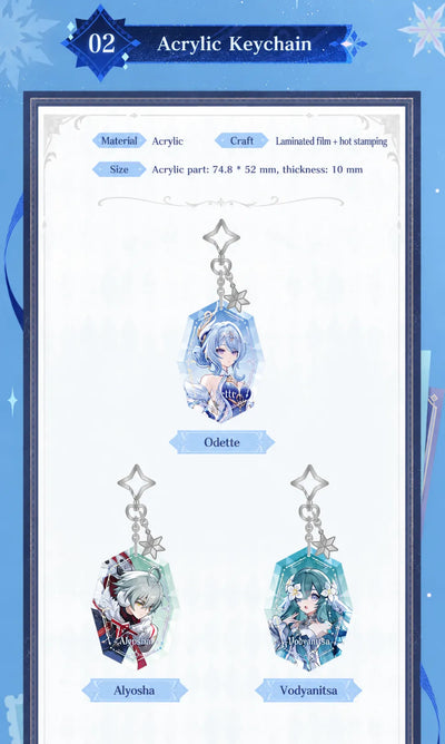 Everwinter Without Mercy Series acrylic charms with character designs