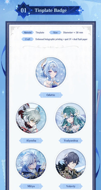 Everwinter Without Mercy Series character badges with 58 mm tinplate design