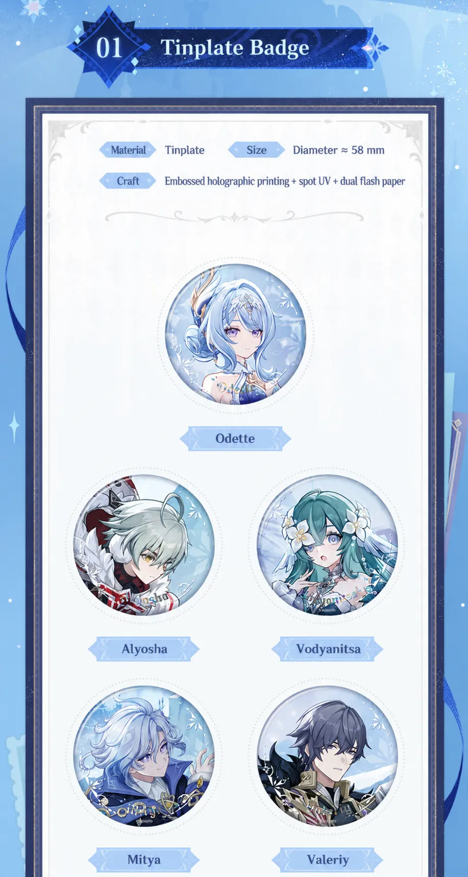 Everwinter Without Mercy Series character badges with 58 mm tinplate design