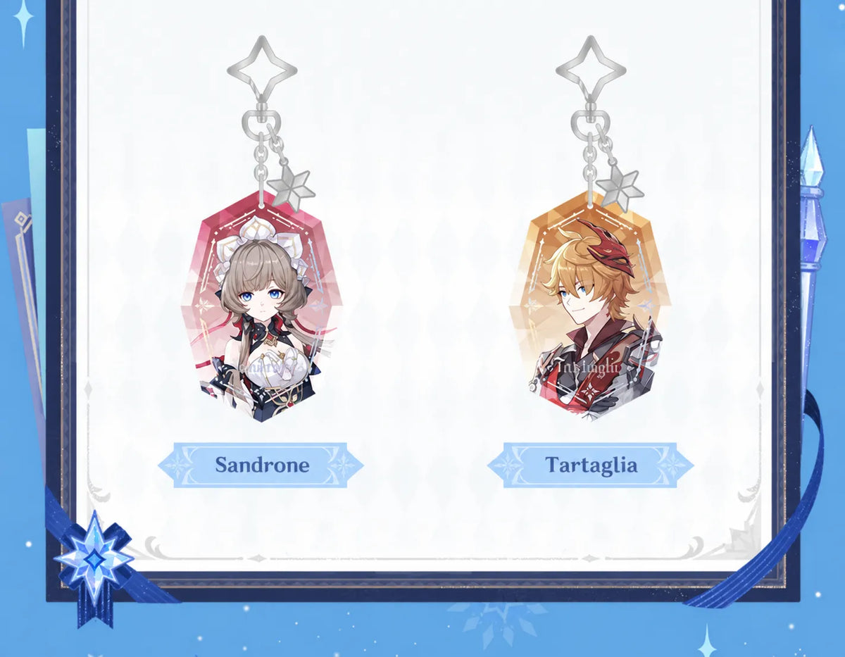 Sandrone and Tartaglia acrylic charms from the Everwinter Without Mercy Series