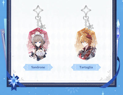Sandrone and Tartaglia acrylic charms from the Everwinter Without Mercy Series
