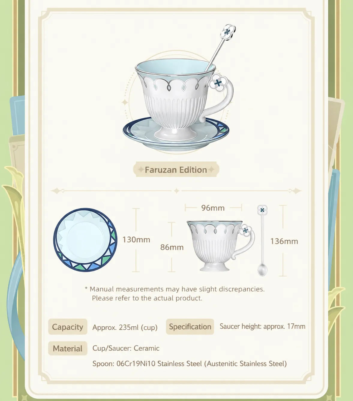 Genshin Impact Faruzan teacup set size specification material and dimension infographic