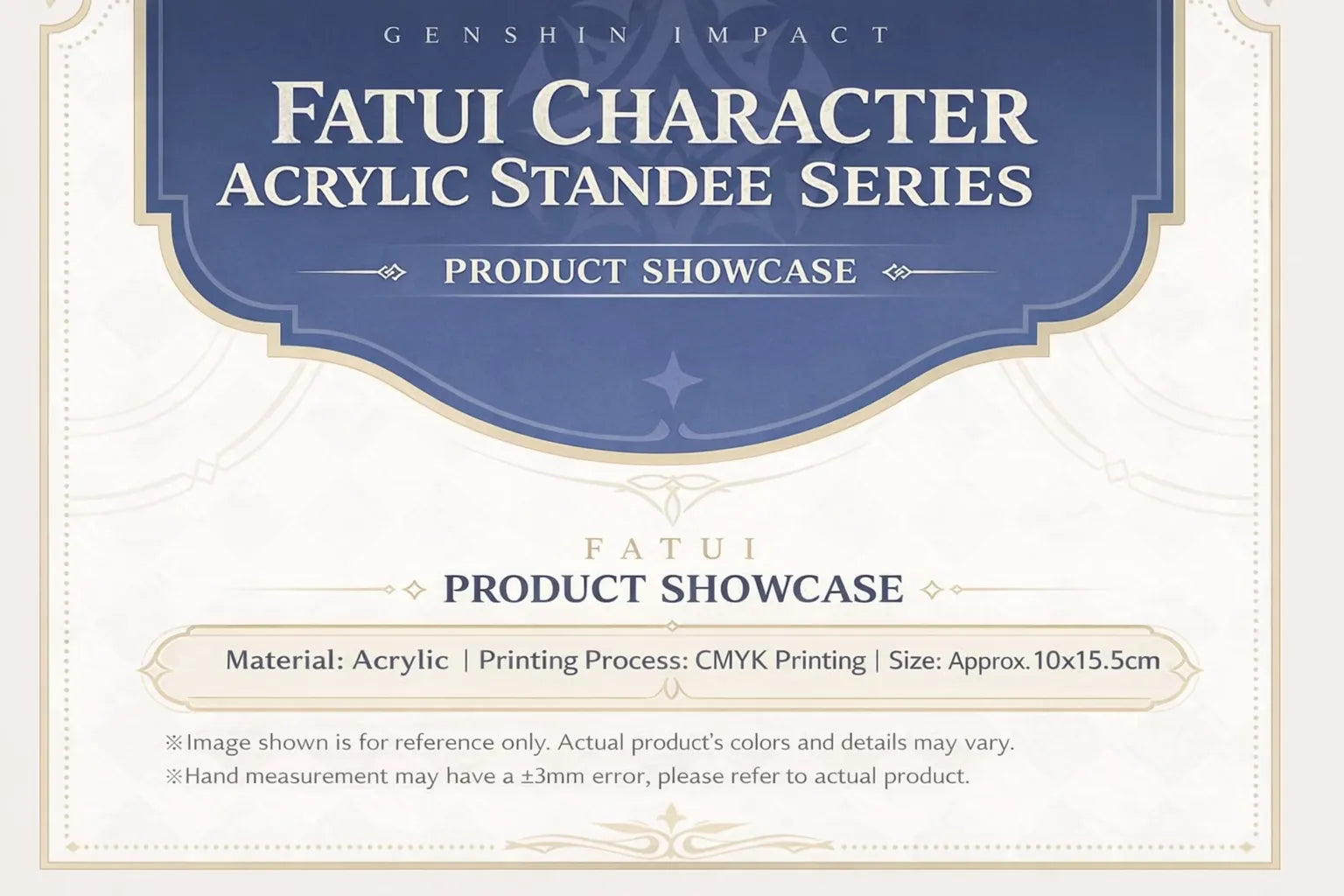 Genshin Impact Fatui Character Acrylic Standee product detail showing acrylic material printing process and stand size