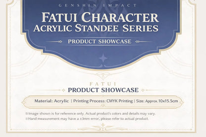 Genshin Impact Fatui Character Acrylic Standee product detail showing acrylic material printing process and stand size