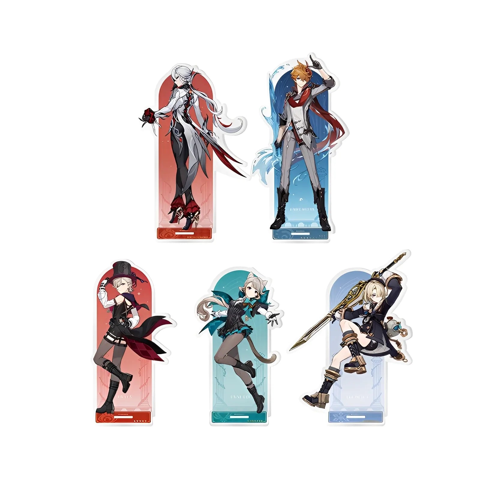 Genshin Impact Fatui Character Acrylic Standee Series featuring Tartaglia, Arlecchino, Lyney, Lynette and Freminet collectible acrylic display stands