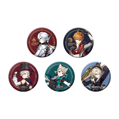 Genshin Impact Fatui character badge series featuring Tartaglia Arlecchino Lyney Lynette and Freminet collectible badges