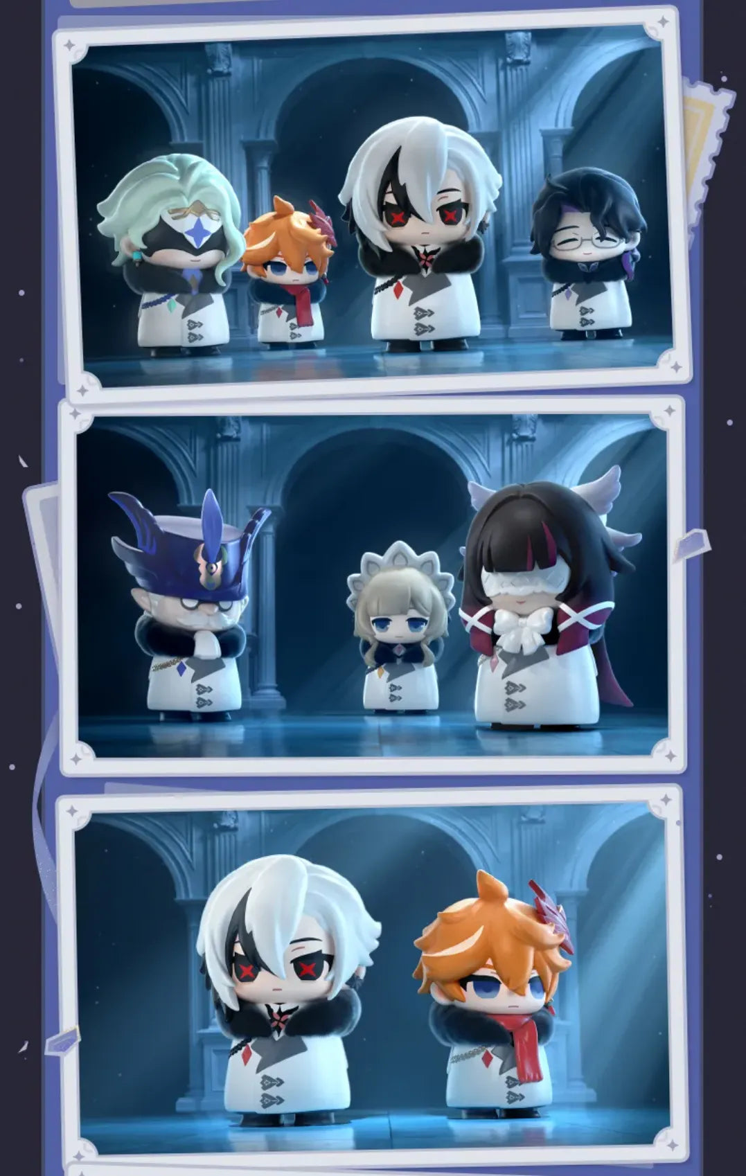 Fatui Harbingers collectible chibi figure display featuring iconic characters
