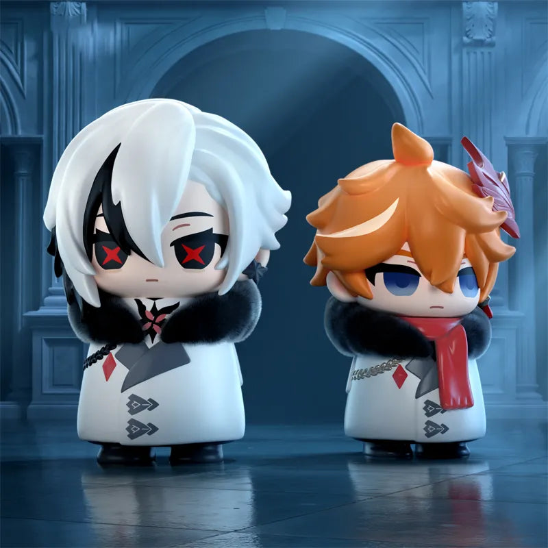 Fatui Harbingers chibi blind box figures featuring Pierro Arlecchino Tartaglia and more