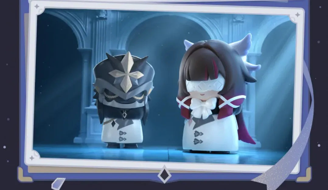 Genshin Impact Fatui Harbingers chibi figures showcase display scene