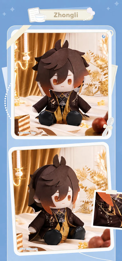 Zhongli Sitting Plush embroidered outfit, detachable cloak and accessory chain details