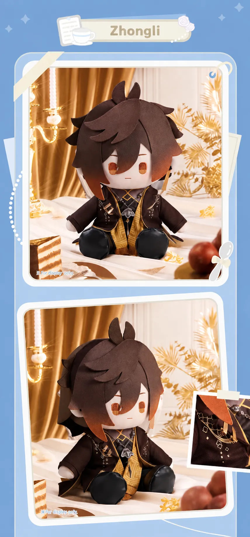 Zhongli Sitting Plush embroidered outfit, detachable cloak and accessory chain details