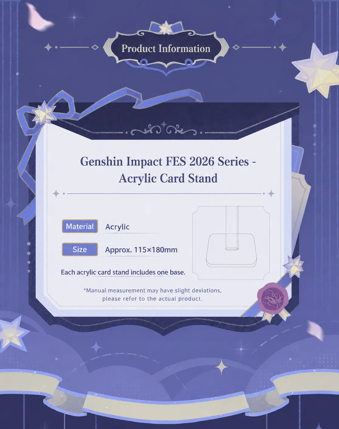 Genshin Impact FES 2026 acrylic photo prop material size and included display base