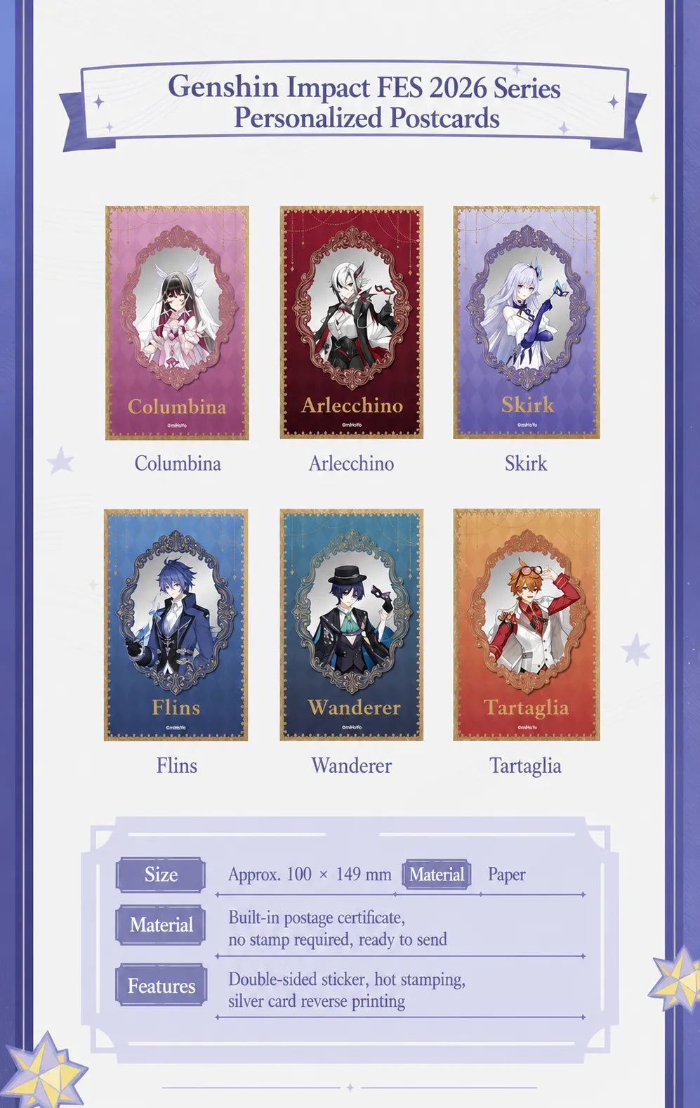 Genshin Impact FES 2026 character postcards featuring Columbina, Arlecchino, Skirk, Flins, Wanderer and Tartaglia