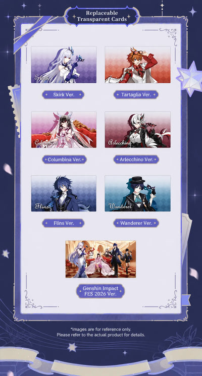 Genshin Impact FES 2026 interchangeable transparent character cards featuring Skirk Tartaglia Columbina Arlecchino Flins and Wanderer