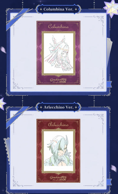 Columbina and Arlecchino Genshin Impact FES 2026 artwork lenticular card designs